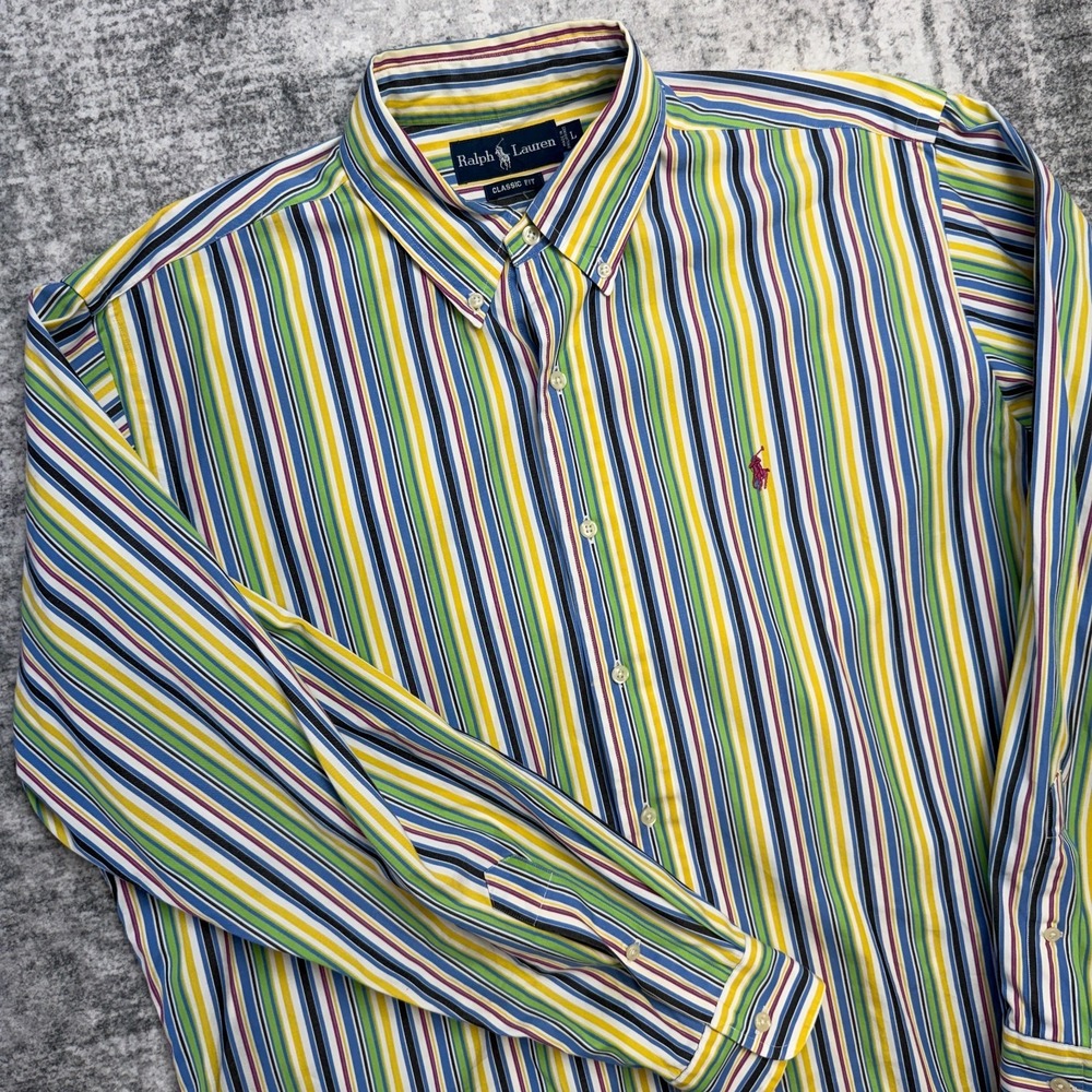 VTG Polo Ralph Lauren Shirt Men Large Multicolor Striped Party Fun Retro Classic